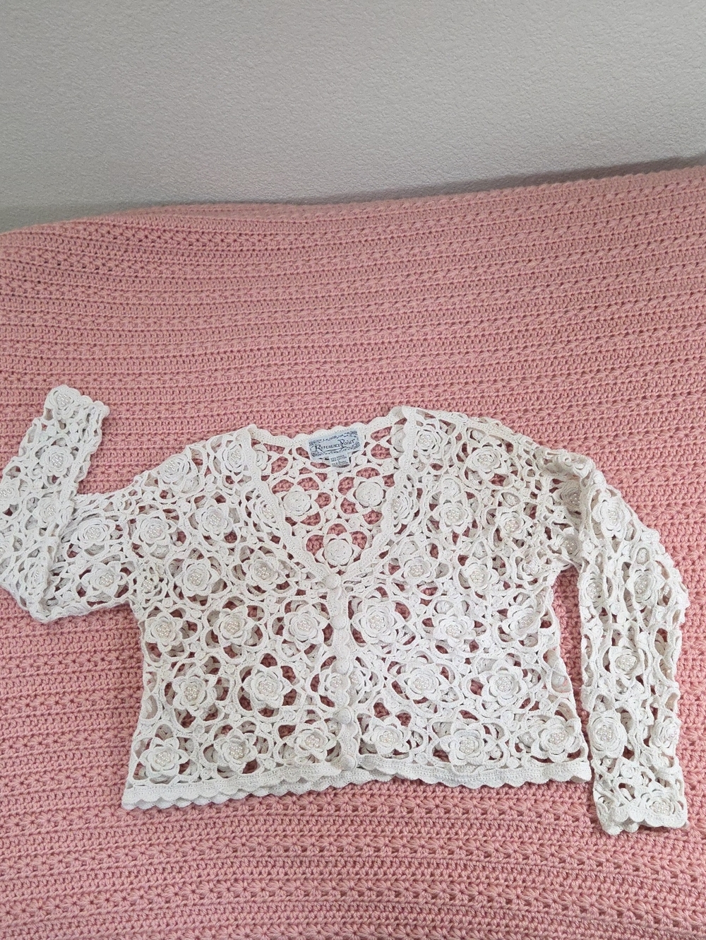 Reference Point Crochet Faux Pearl Beaded Button Front Top